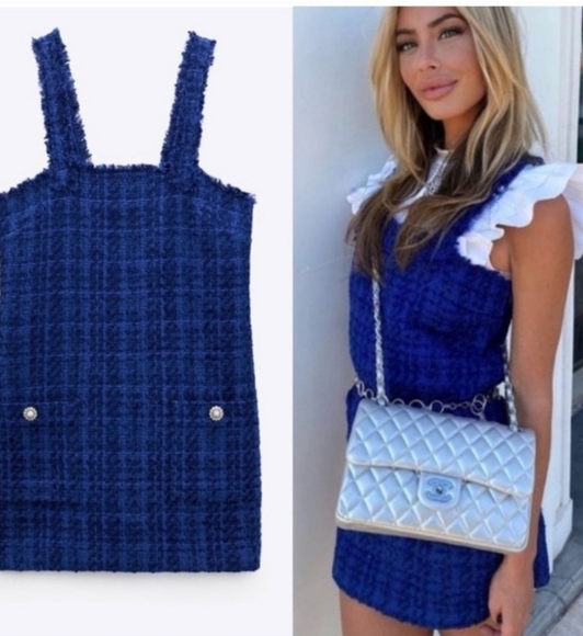 Zara Blue Tweed Jumper Dress Pinafore Mini Sleeveless Size Medium  With Pockets! - Picture 8 of 16